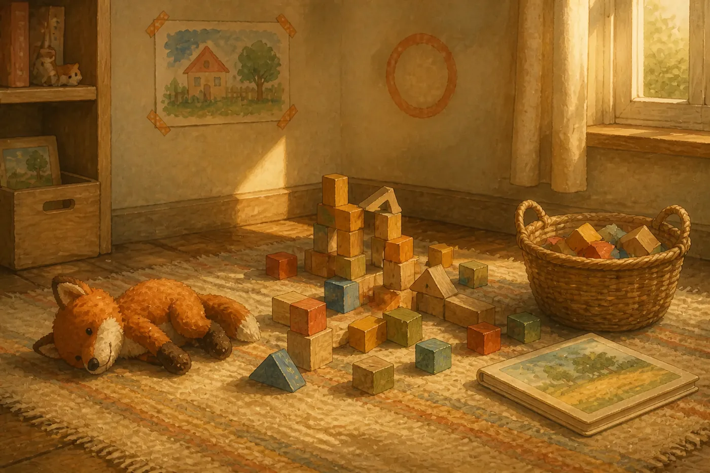 Spielzimmer mit Bausteinen, Korb und einem Stoff-Fuchs