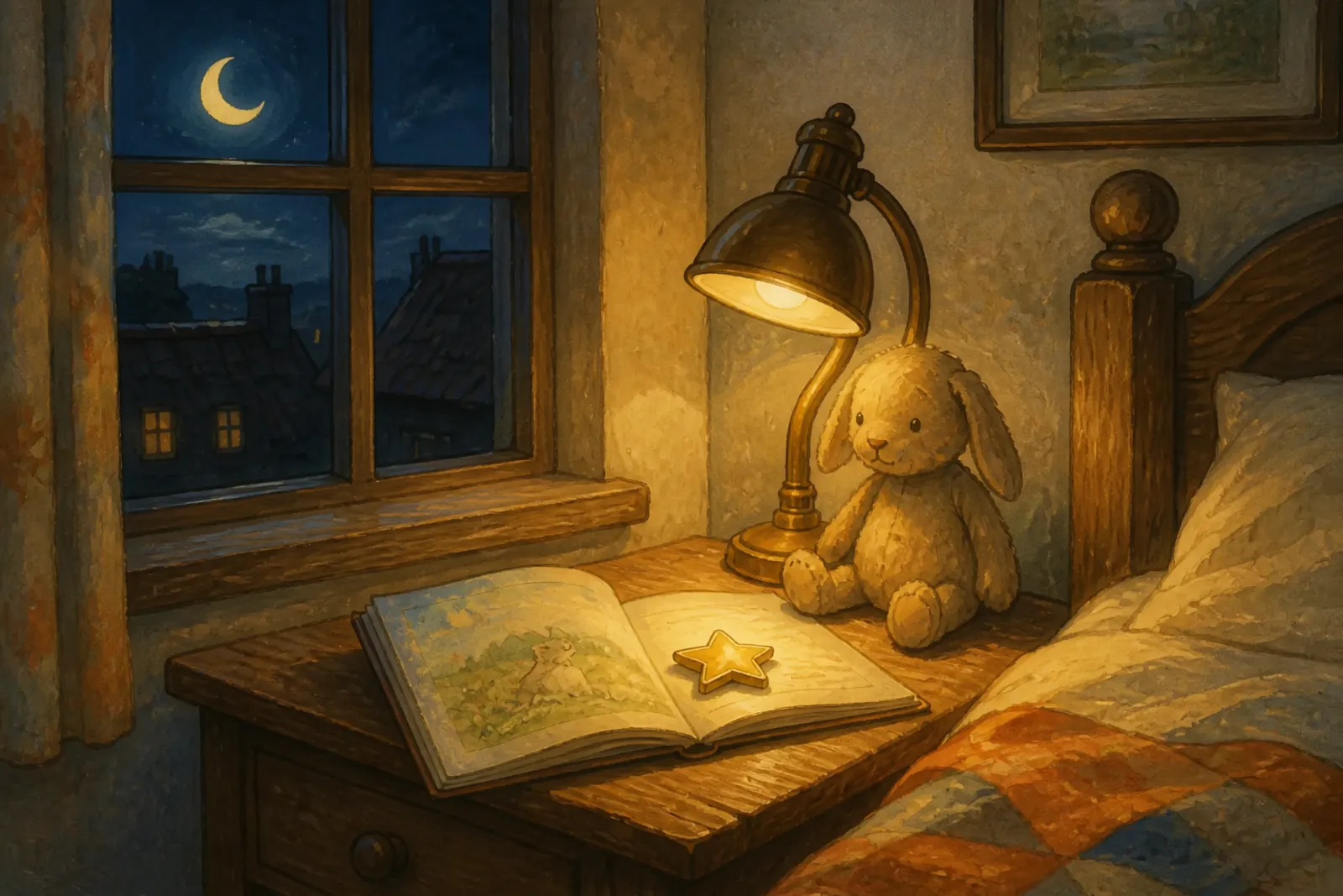 Abends am Fenster: ein Buch, ein Stern und der Mond