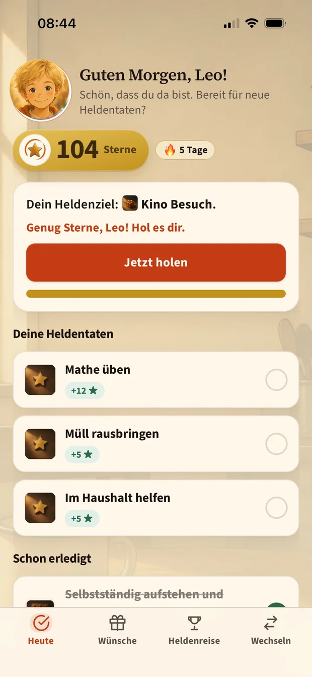 Kinderansicht der App: Begrüßung, Sternestand und Heldentaten zum Abhaken