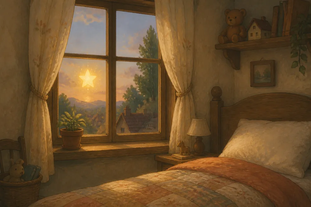 Ein kleiner goldener Stern leuchtet früh am Morgen vor dem Fenster eines gemütlichen Kinderzimmers