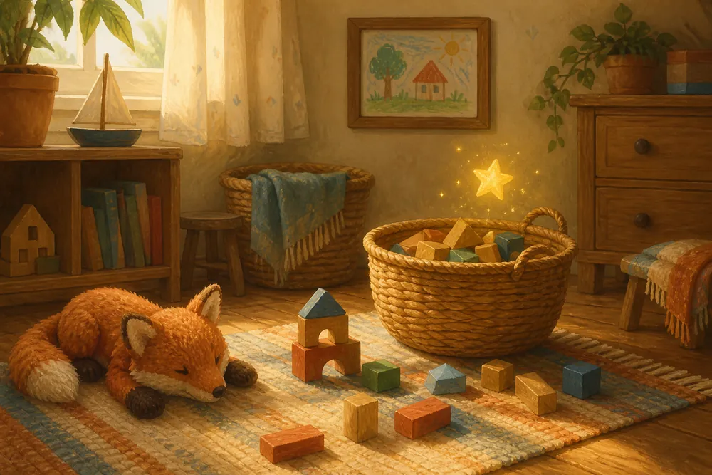 Ein Kinderzimmer im Morgenlicht: Bausteine wandern in einen Korb, ein Plüsch-Fuchs liegt daneben und ein goldener Stern schwebt darüber