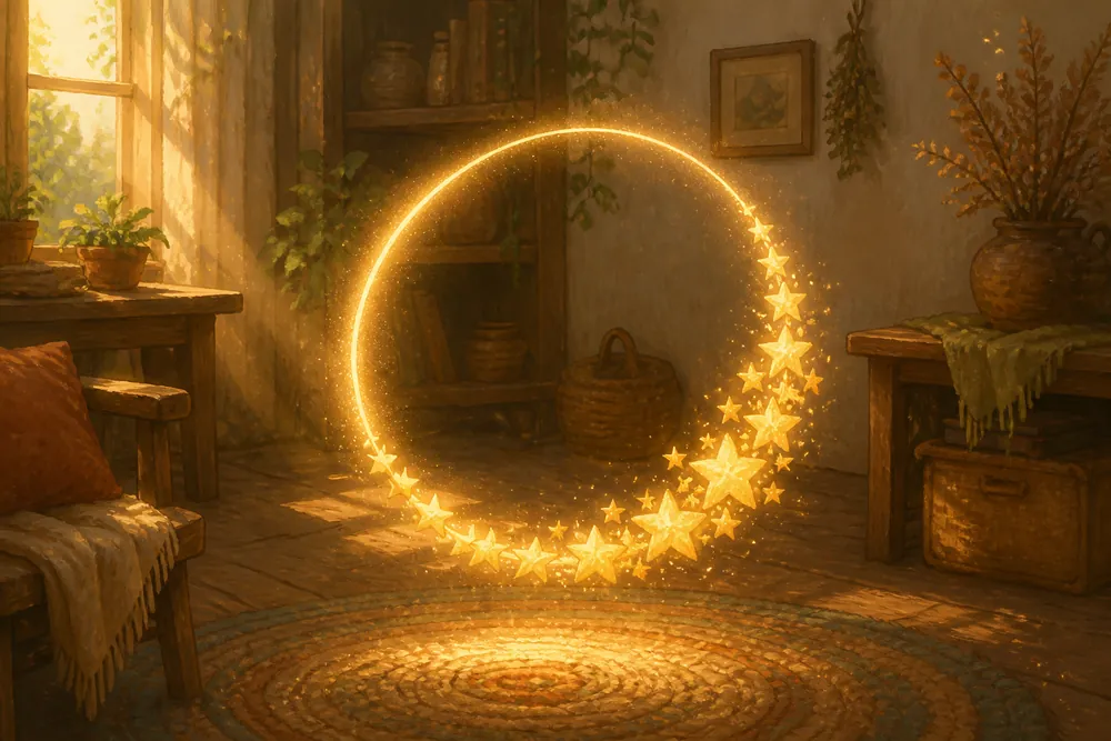 Ein leuchtender Ring aus kleinen goldenen Sternen schwebt in einem gemütlichen, sonnigen Zimmer