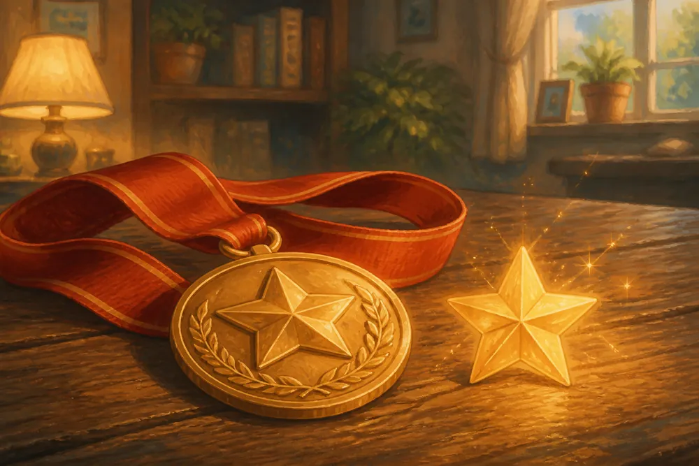 Eine goldene Helden-Medaille mit Stern an einem roten Band und ein leuchtender Extra-Stern auf einem Holztisch