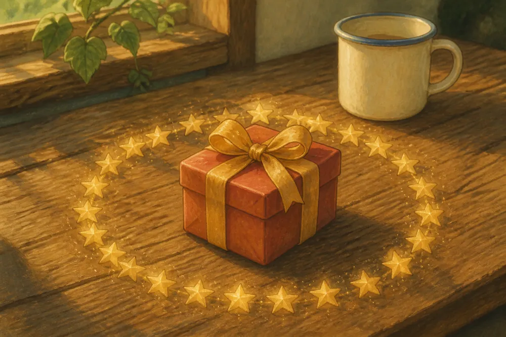 Ein rotes Geschenk mit goldener Schleife auf einem Holztisch, umgeben von einem vollen Ring aus goldenen Sternen