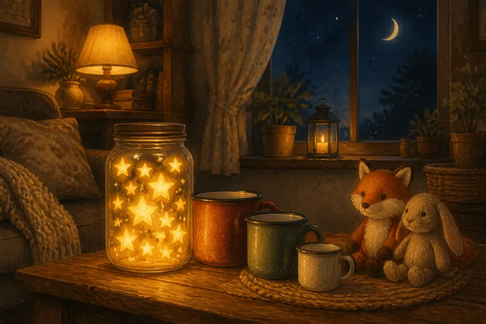 Ein gemütliches Wohnzimmer am Abend: ein Glas voller leuchtender Sterne, drei Tassen nebeneinander, Plüsch-Fuchs und Plüsch-Hase, draußen der Mond